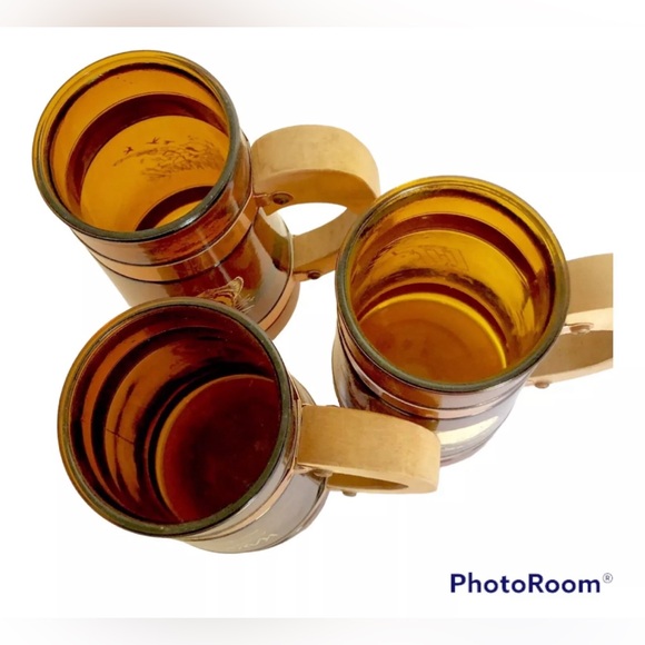 Vintage Siesta Ware Sports Mugs Amber Glass Wooden Handles 5" Set of 3 - Picture 5 of 7